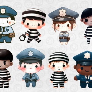 May include: Eight cartoon characters, some dressed as police officers and others as prisoners. The police officers are wearing blue uniforms with badges and hats. The prisoners are wearing black and white striped uniforms.