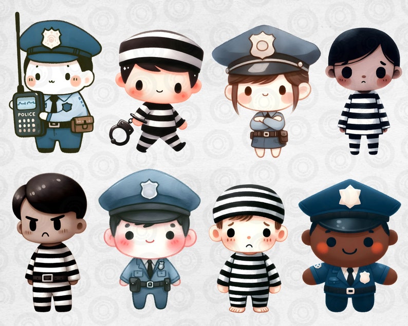 May include: Eight cartoon characters, some dressed as police officers and others as prisoners. The police officers are wearing blue uniforms with badges and hats. The prisoners are wearing black and white striped uniforms.