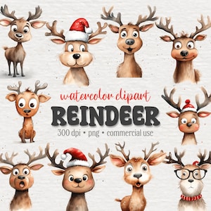 Paquete de imágenes prediseñadas de renos divertidos, lindos renos navideños, ciervos bebé acuarela, santa png, elementos de tarjetas de Navidad, uso comercial de regalos de invierno