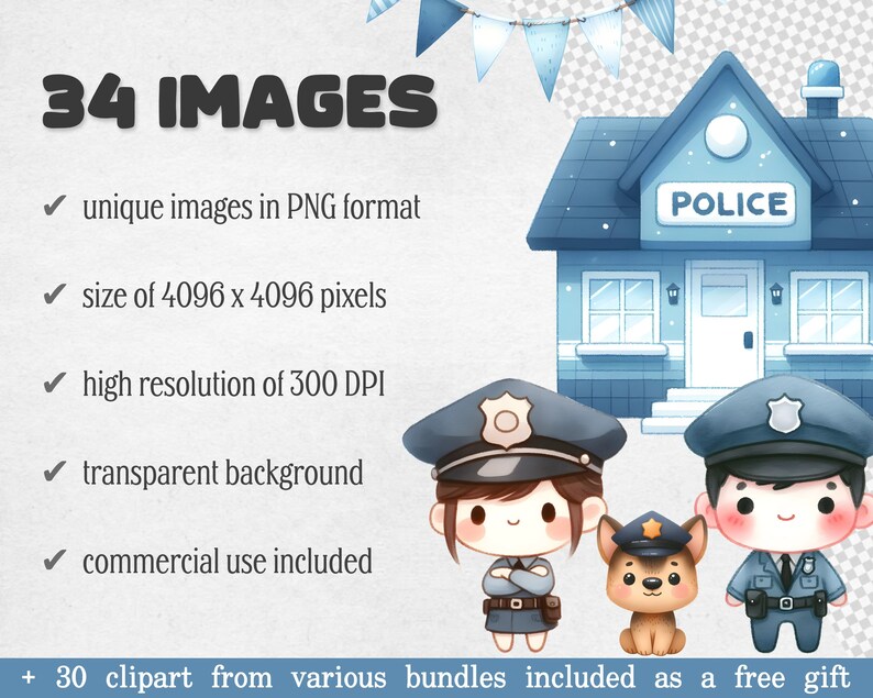 May include: A set of 34 digital illustrations featuring a police station, two police officers, and a police dog. The illustrations are in PNG format, 4096 x 4096 pixels, 300 DPI, and have transparent backgrounds. The set also includes 30 clipart images from various bundles.