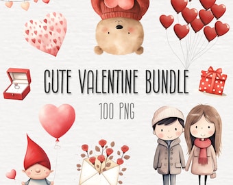 100 Cute Valentine Clipart Bundle, Valentines Day PNGs, Cute Animals, Love Letter, Heart Balloons, Digital Instant Download, Commercial Use