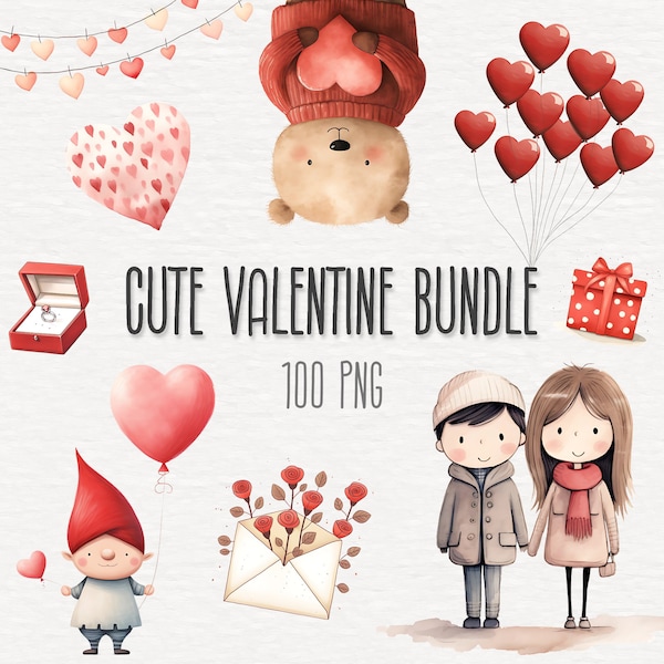 100 Cute Valentine Clipart Bundle, Valentines Day PNGs, Cute Animals, Love Letter, Heart Balloons, Digital Instant Download, Commercial Use