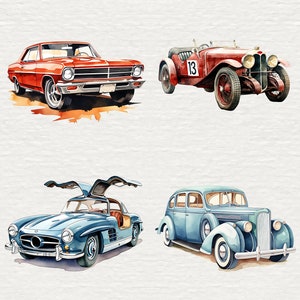 May include: A collection of eight vintage cars in various colors, including white, red, blue, and beige. The cars are all in different styles, ranging from classic sports cars to sedans. Some of the cars have racing numbers on their sides.