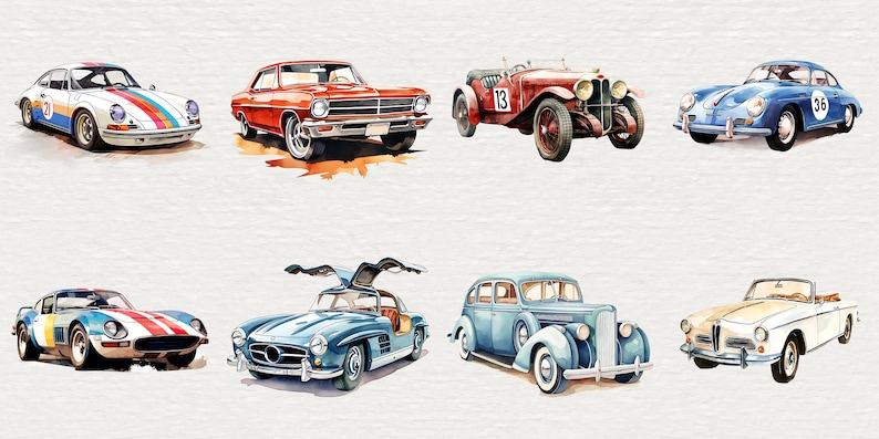May include: A collection of eight vintage cars in various colors, including white, red, blue, and beige. The cars are all in different styles, ranging from classic sports cars to sedans. Some of the cars have racing numbers on their sides.