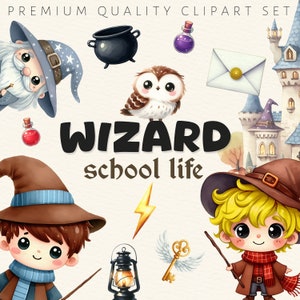 Könnte beinhalten: Ein Set Aquarell-Illustrationen zum Thema Zauberschule. Die Illustrationen beinhalten einen Zauberer, ein Schloss, eine Zaubertrankflasche, eine Eule, eine Laterne, einen Schlüssel, einen Blitz und einen Kessel. Der Text "WIZARD school life" ist ebenfalls enthalten.