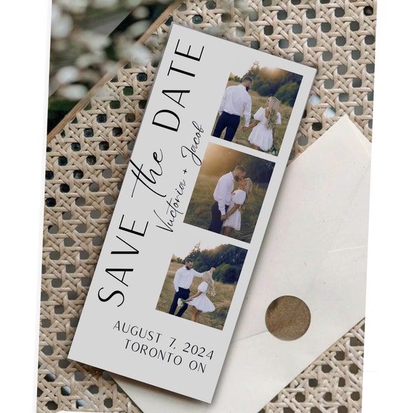 Photo Strip Save the Date, Photo Booth Wedding Date Card, Editable Template, Minimalist, Instant Download, Templett, 2.5x7