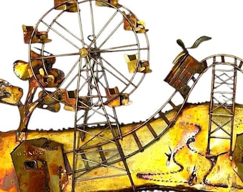 Metal Ferris Wheel Roller Coaster Wall Art Sculpture 33” Carnival Decor Statement Piece