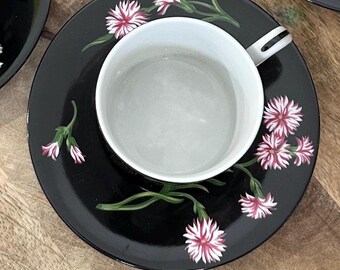 Tiffany & Co Mrs Delany Flowers Cup Saucer Black Pink Floral