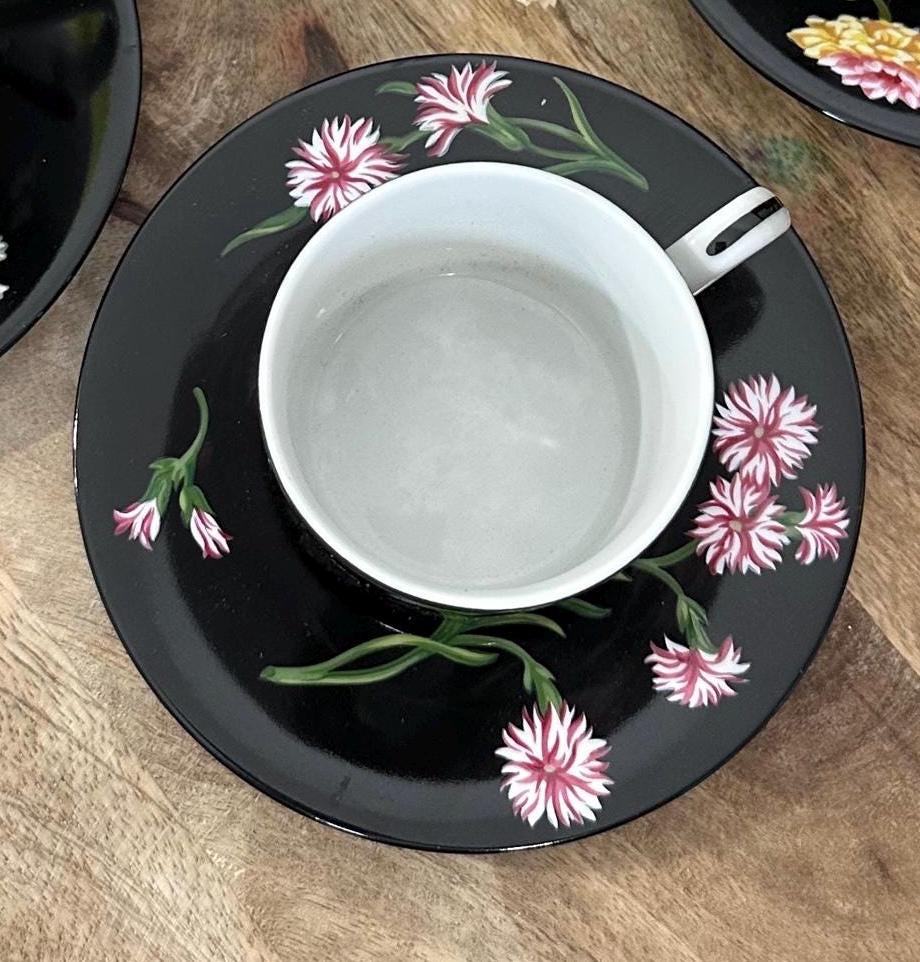 Tiffany & Co Mrs Delany Flowers Cup Saucer Black Pink Floral