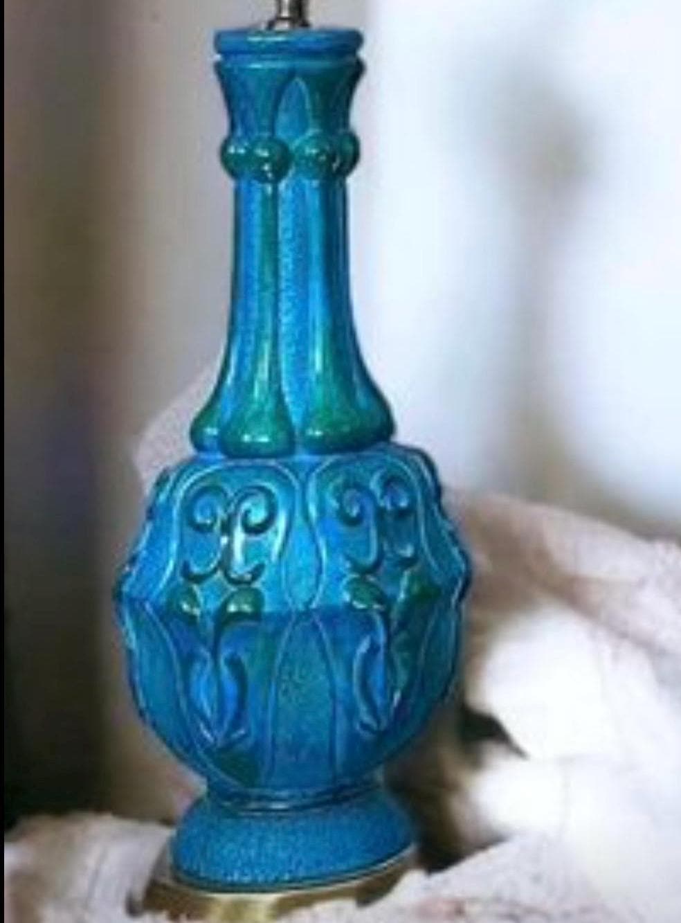 Blue and Green Swirl Chalk-ware Lamp Tall Working Vintage Mid