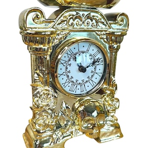 Ornate Skull Clock Candle Holder Gold Roses Gothic Curio Decor