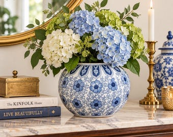 Blue White Porcelain Pumpkin Vase Floral Chinoiserie Pot 8.5” - Etsy