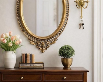 Gold Ornate Oval Wall Mirror Hollywood Regency Burwood 4421 Entryway Decor Vintage