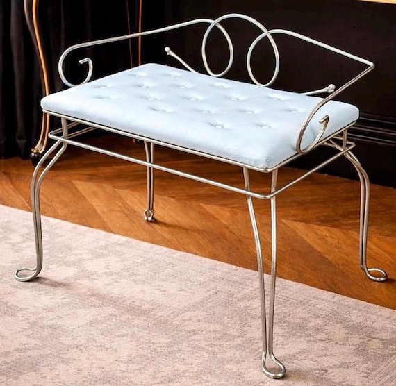 Vintage 1950s Pearl-Wick Vanity Bench Hollywood Regency Gold Metal Tufted White Seat NY