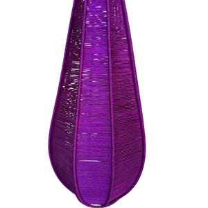 May include: A vibrant purple pendant lamp with a teardrop shape. The lamp is constructed with a woven design, creating a textured surface. The lamp's frame is a darker shade of purple, and the overall design is modern and decorative.