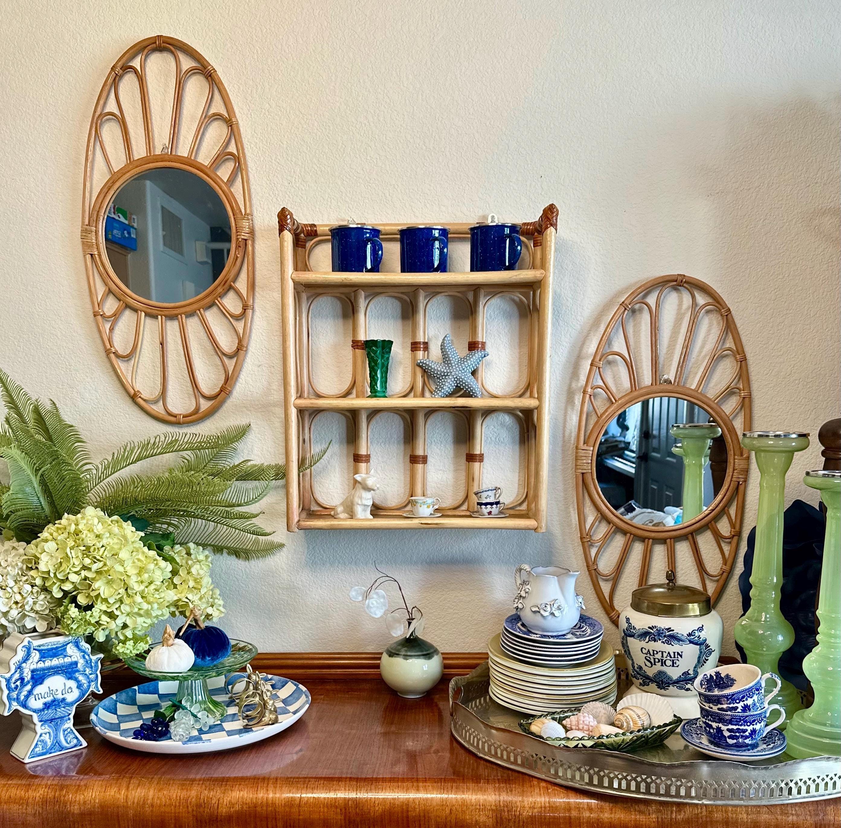 1970年代のボヘミアン風籐手編みオーバルフレームラウンドアクセント