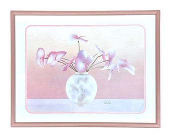 Carlos Rios Print Anthuriums Vase Pink Curved Frame 29.5 X 24
