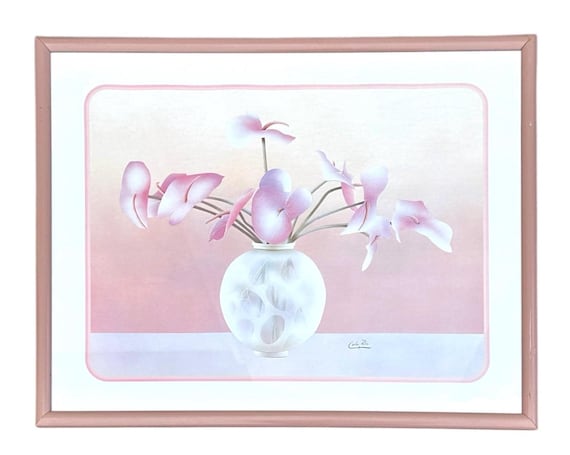 Carlos Rios Print Anthuriums Vase Pink Curved Frame 29.5 X 24