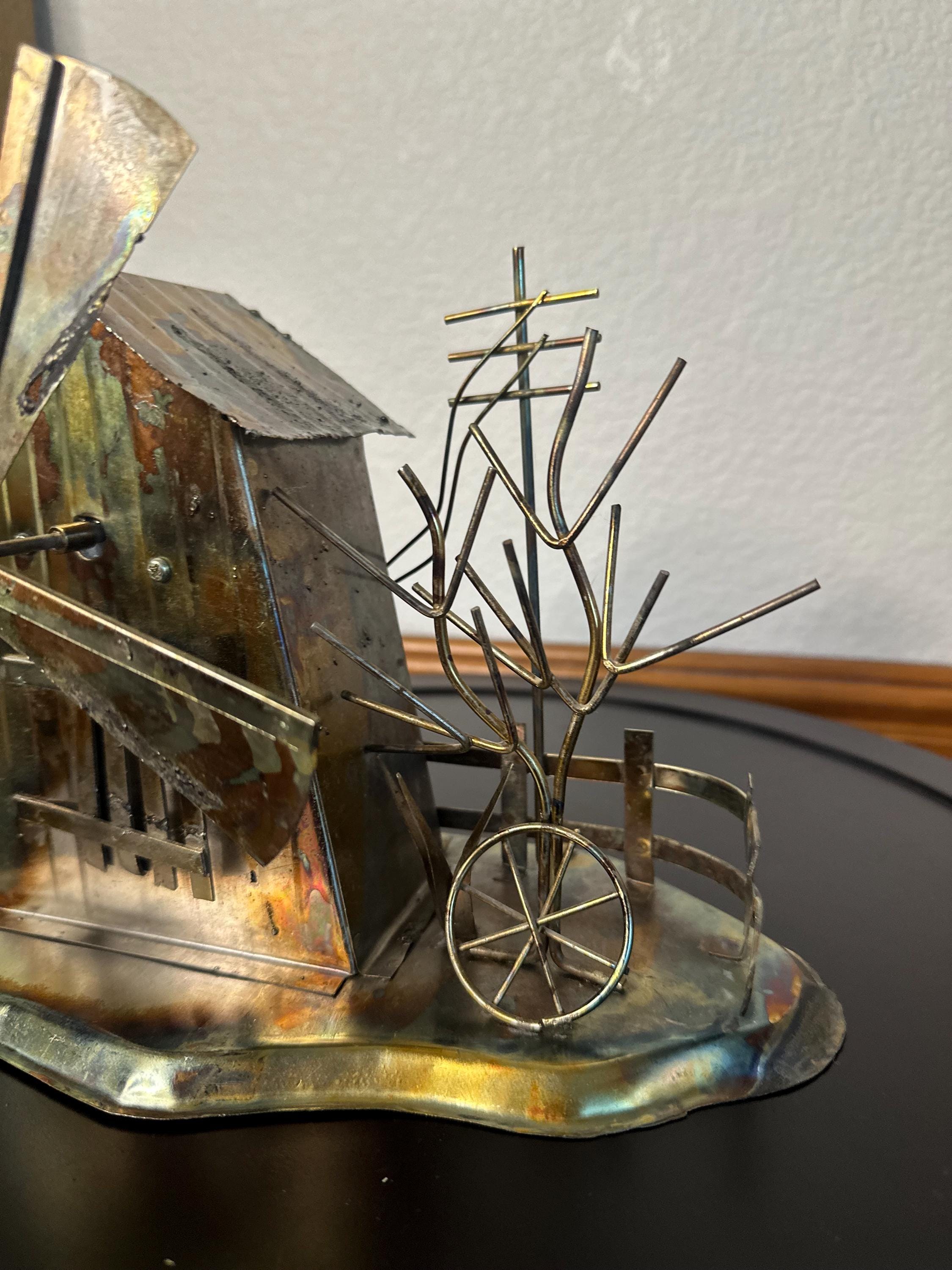 ひ*び様 アンティーク風　ストックBOX ハンドメイド Tin Copper Colored Music Box Large Windmill Power Line Tree