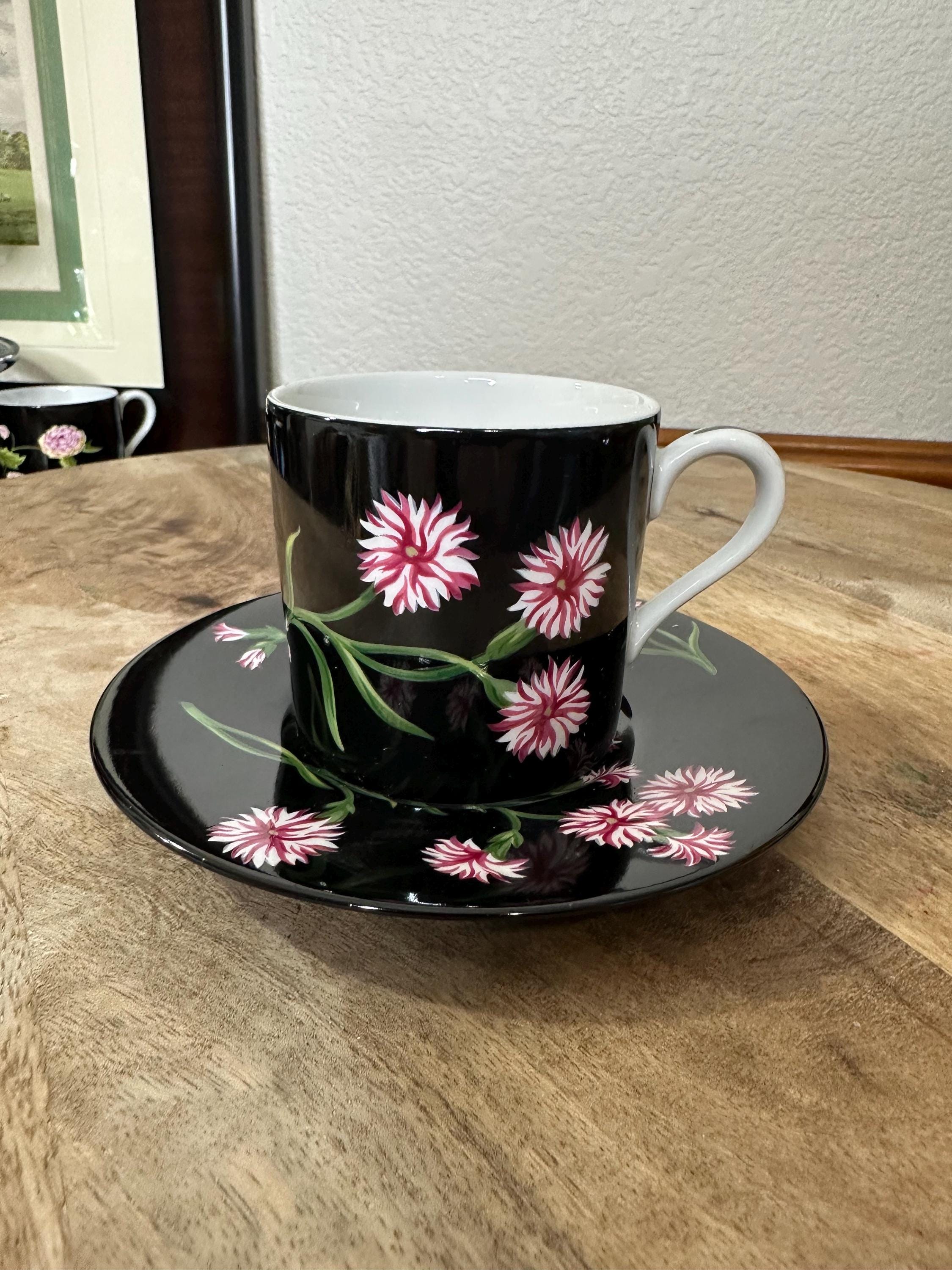 Tiffany & Co Mrs Delany Flowers Cup Saucer Black Pink Floral
