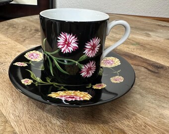 Tiffany & Co Mrs Delany Flowers Cup Saucer Black Pink Floral