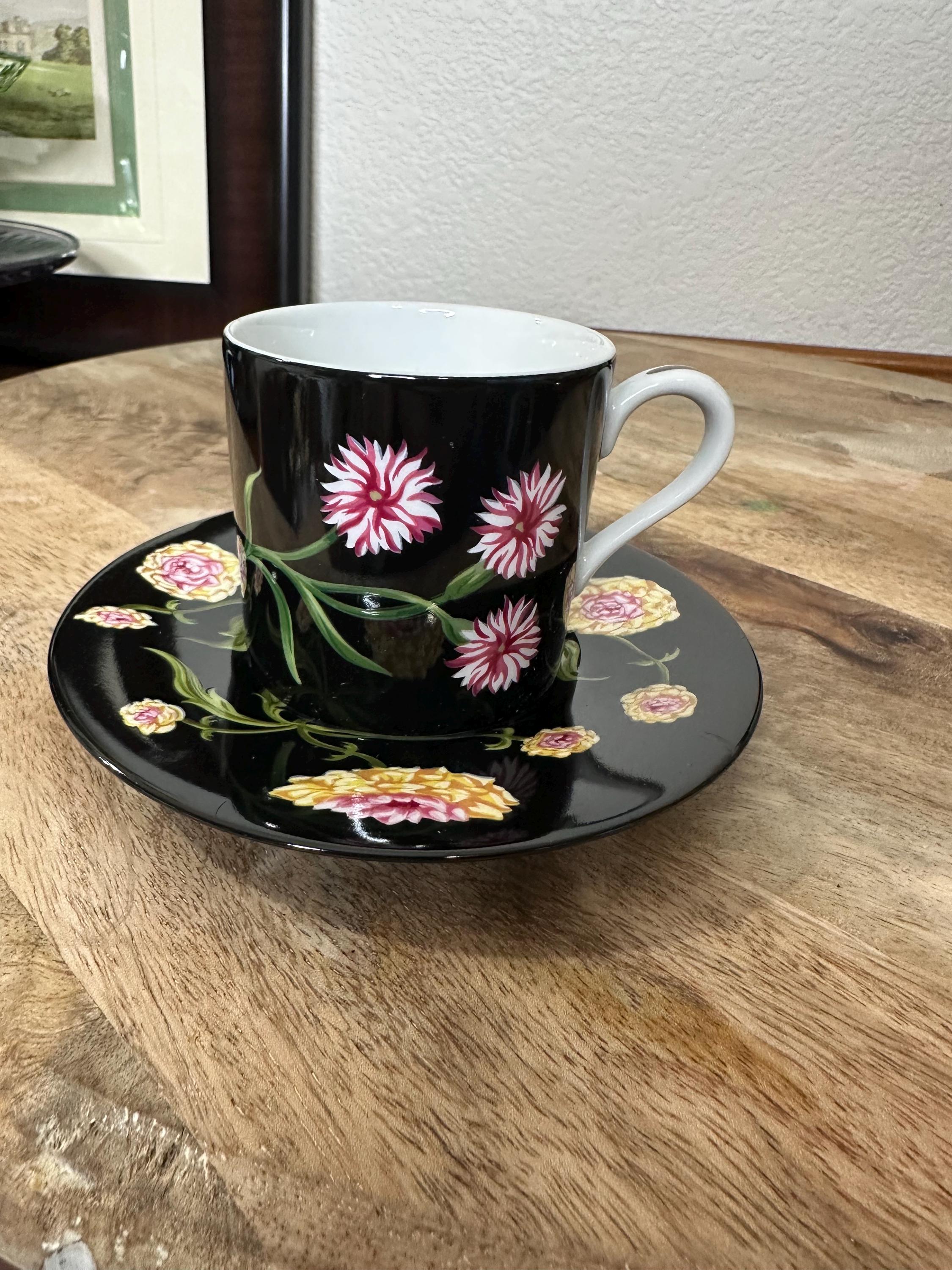 Tiffany & Co Mrs Delany Flowers Cup Saucer Black Pink Floral