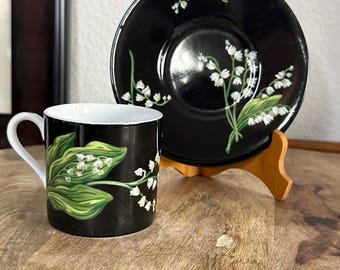 Tiffany & Co Mrs Delany Flowers Cup Saucer Black Porcelain Lily of