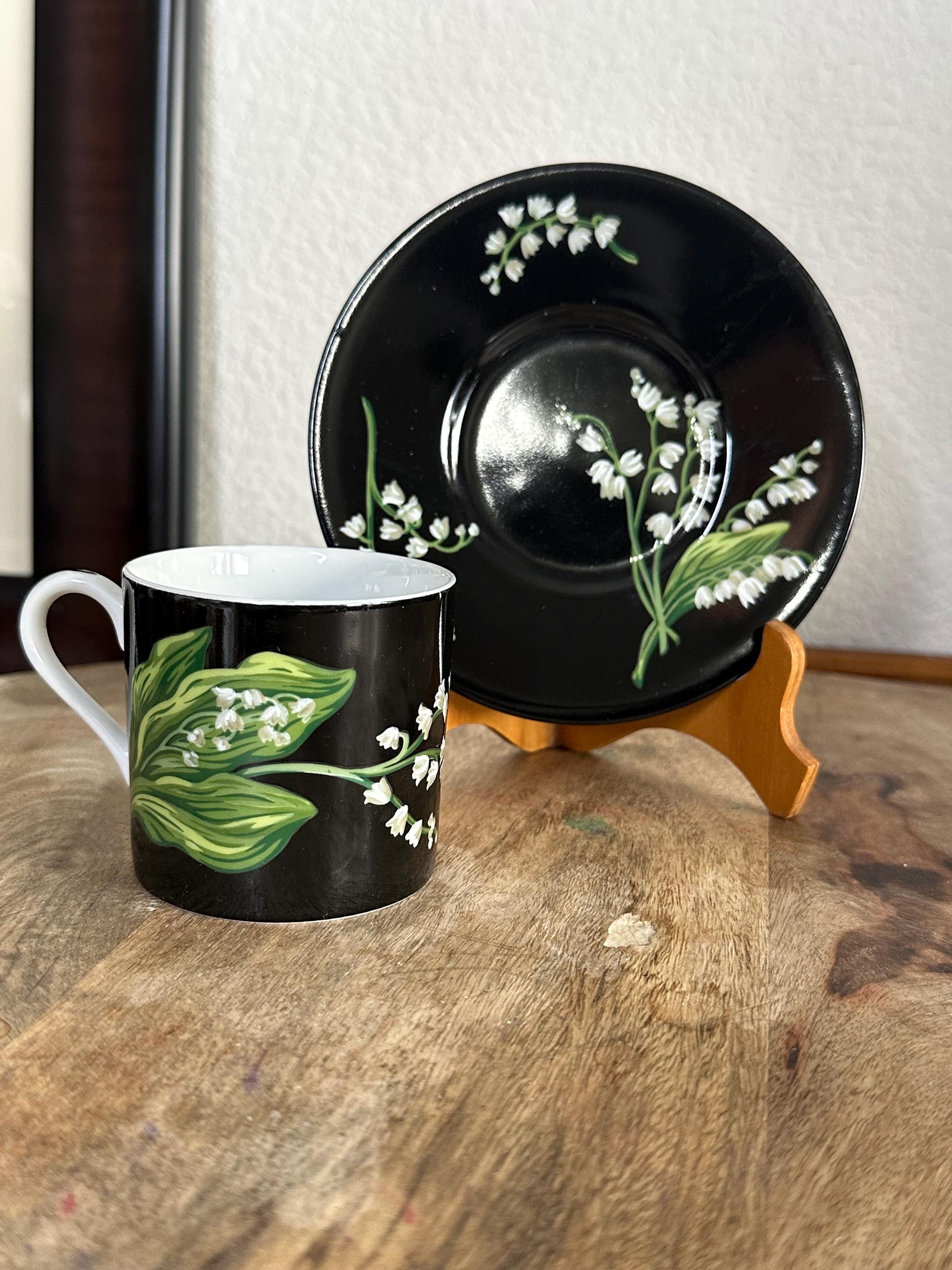 Tiffany & Co Mrs Delany Flowers Cup Saucer Black Porcelain Lily of