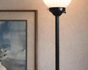 Tall Black Buffet Lamp, Ribbed Frosted Glass Globe, Mid Century Table Lamp