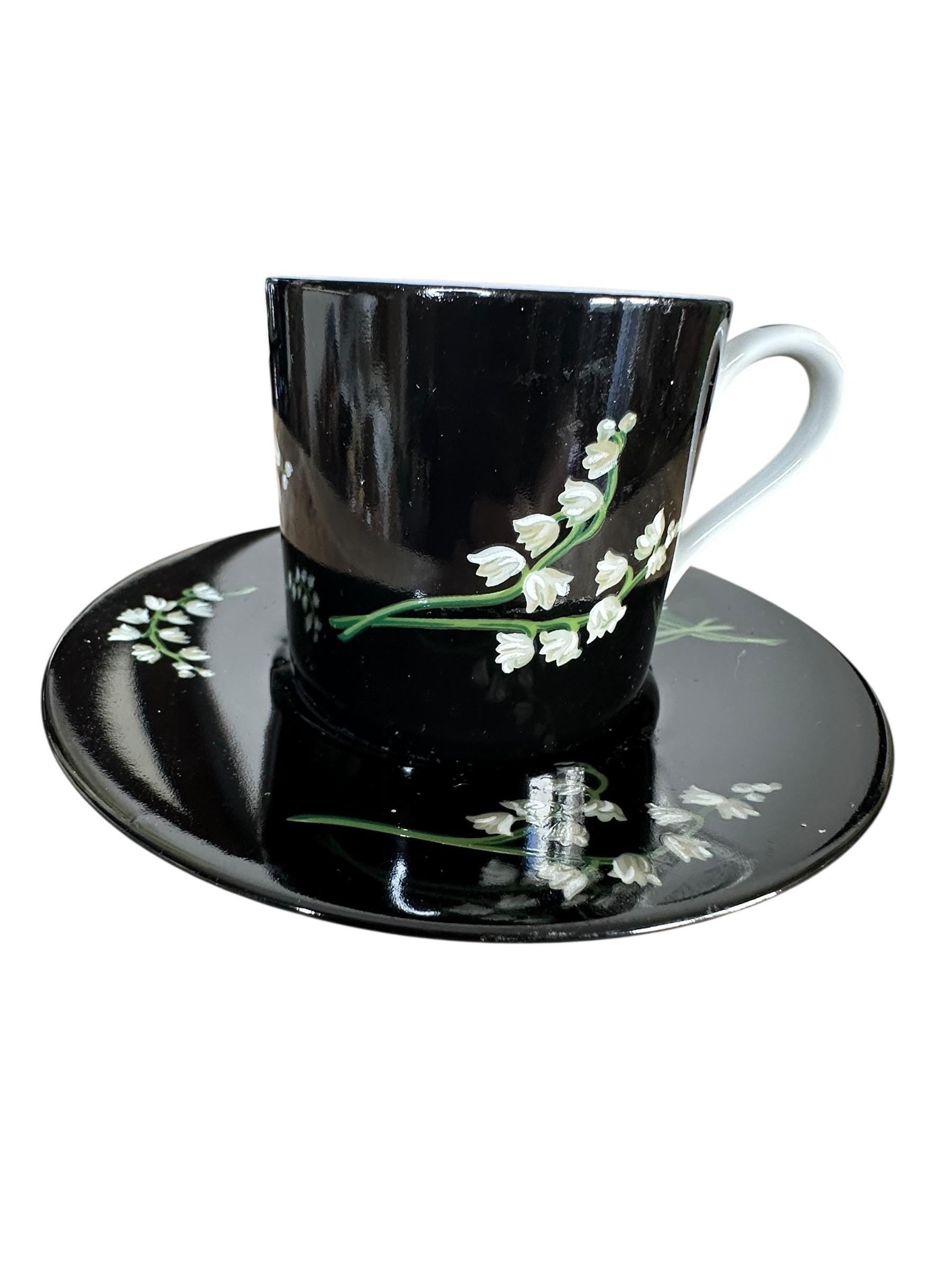 Tiffany & Co Mrs Delany Flowers Cup Saucer Black Porcelain Lily of
