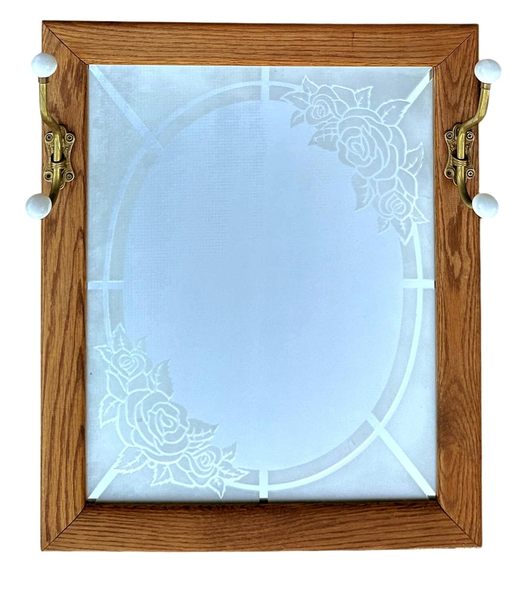 Etched Rack Vintage Oak Frame Rectangular Mirror Etched Roses Brass Hooks Entryway ...