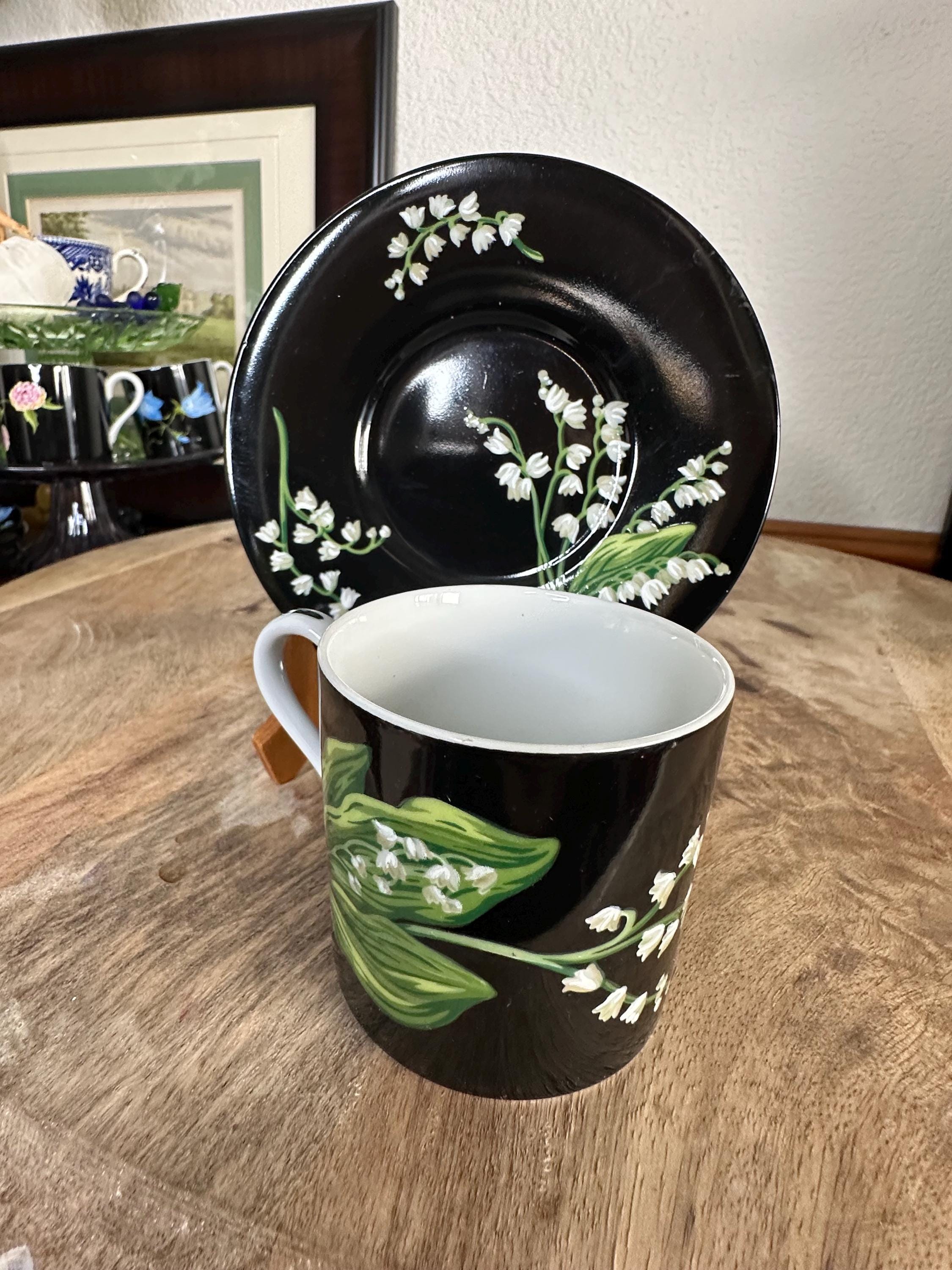 Tiffany & Co Mrs Delany Flowers Cup Saucer Black Porcelain Lily of