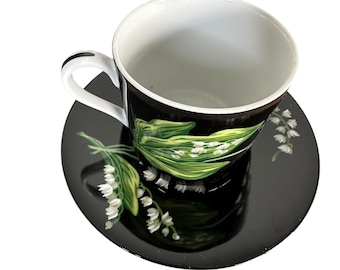 Tiffany & Co Mrs Delany Flowers Cup Saucer Black Porcelain Lily of
