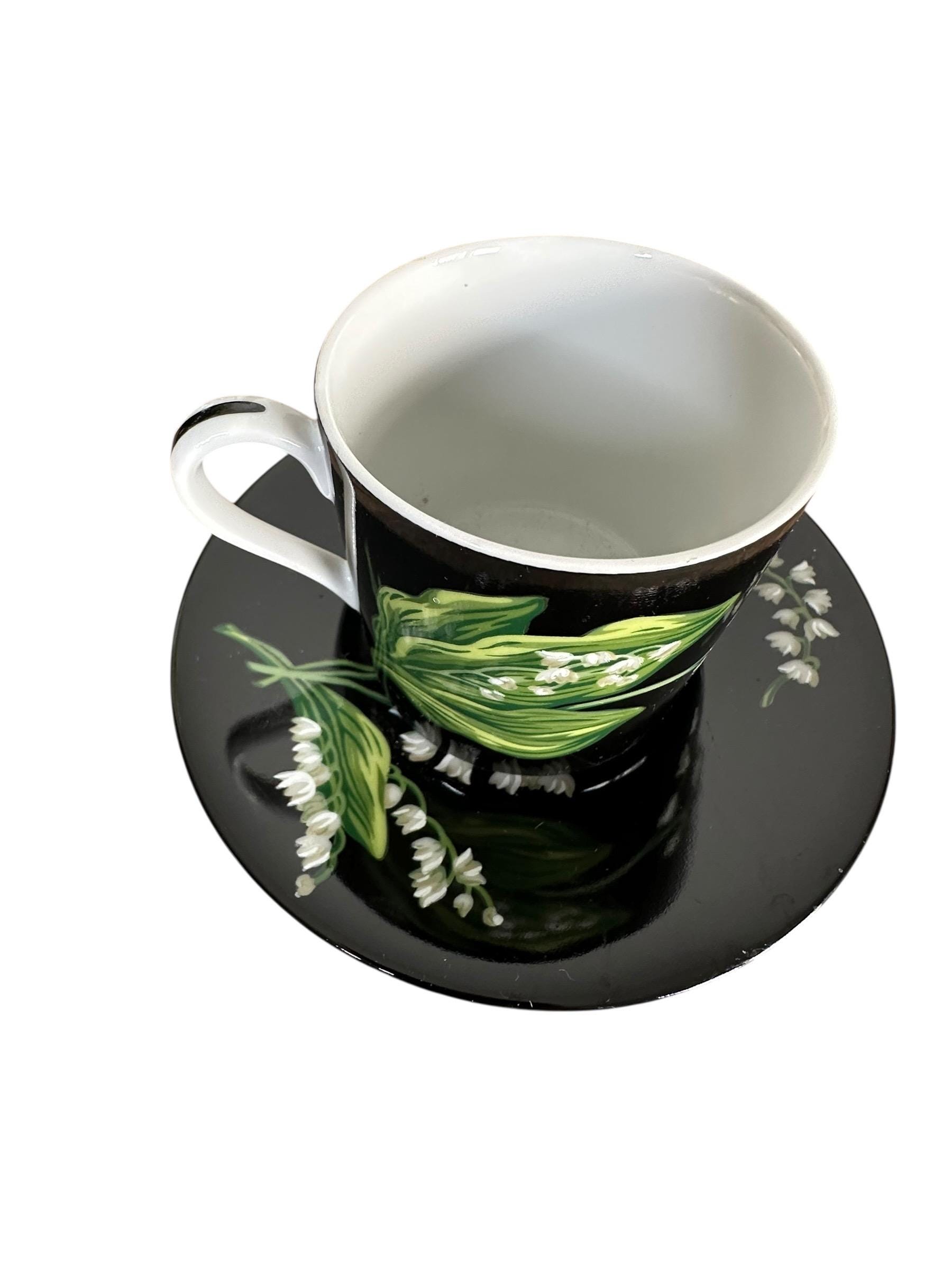 Tiffany & Co Mrs Delany Flowers Cup Saucer Black Porcelain Lily of