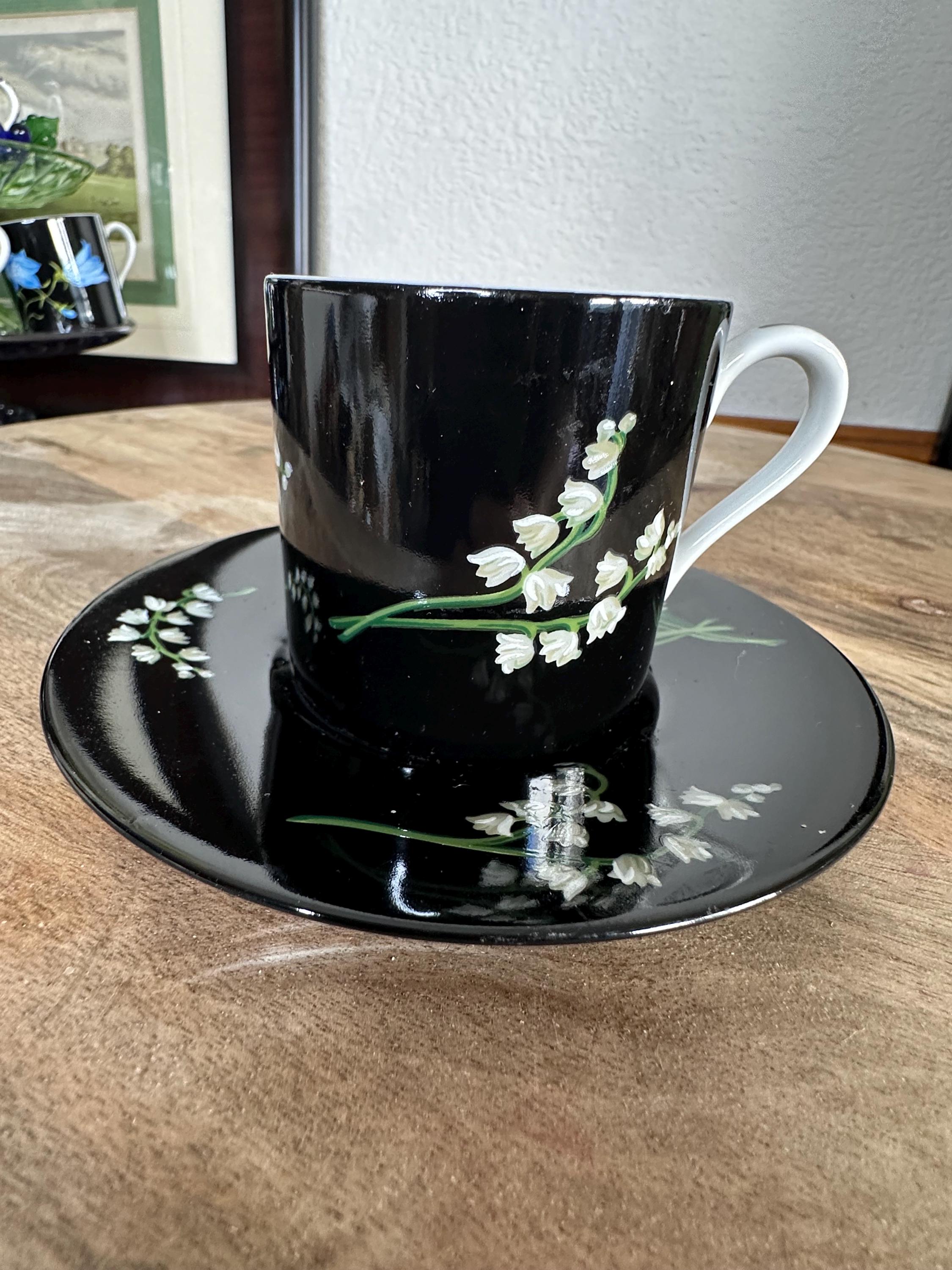 Tiffany & Co Mrs Delany Flowers Cup Saucer Black Porcelain Lily of