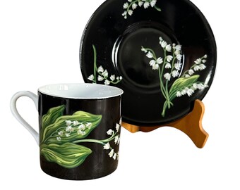 Tiffany & Co Mrs Delany Flowers Cup Saucer Black Porcelain Lily of