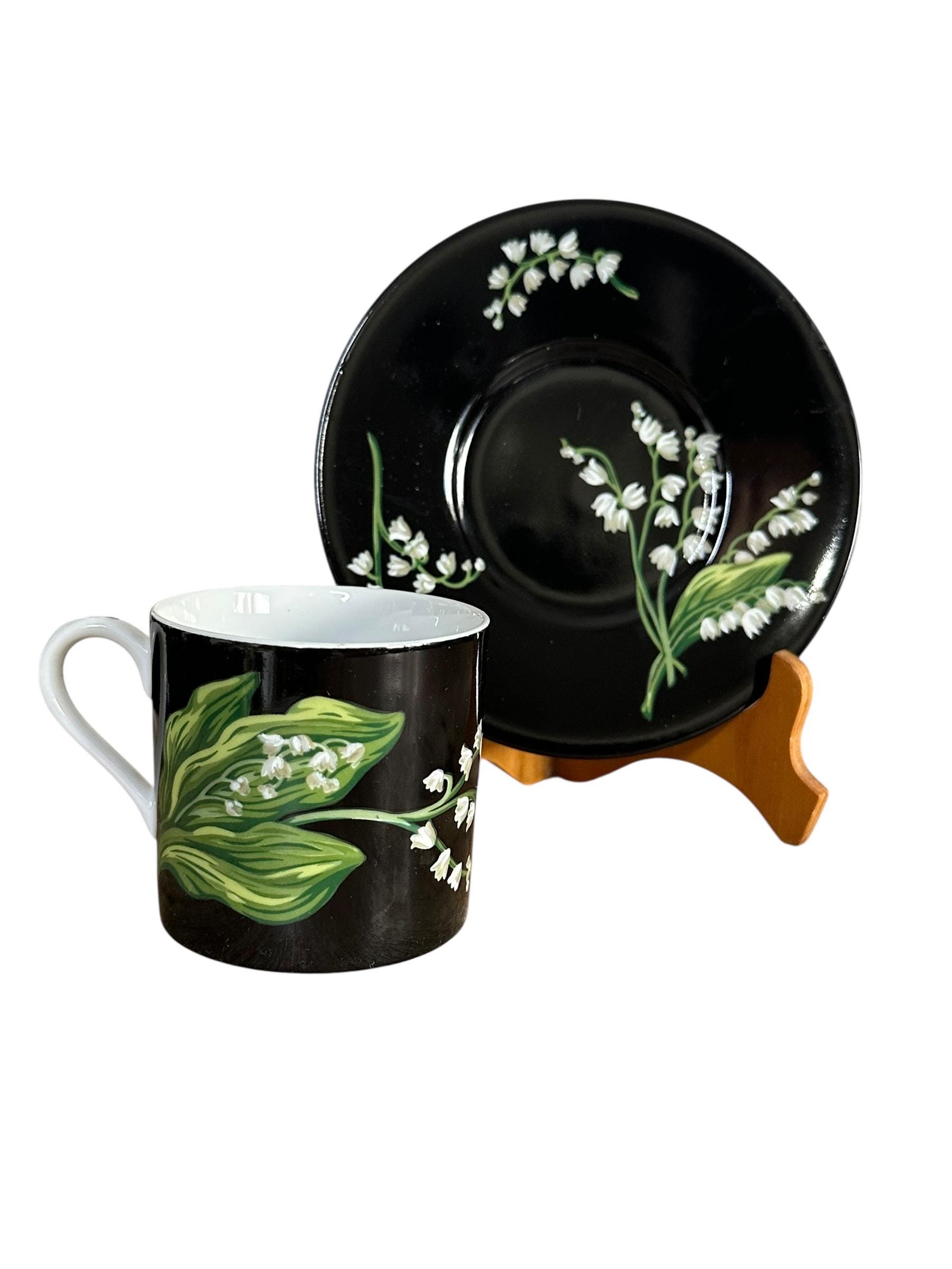Tiffany & Co Mrs Delany Flowers Cup Saucer Black Porcelain Lily of