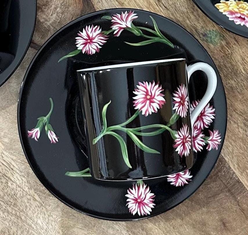 Tiffany & Co Mrs Delany Flowers Cup Saucer Black Pink Floral