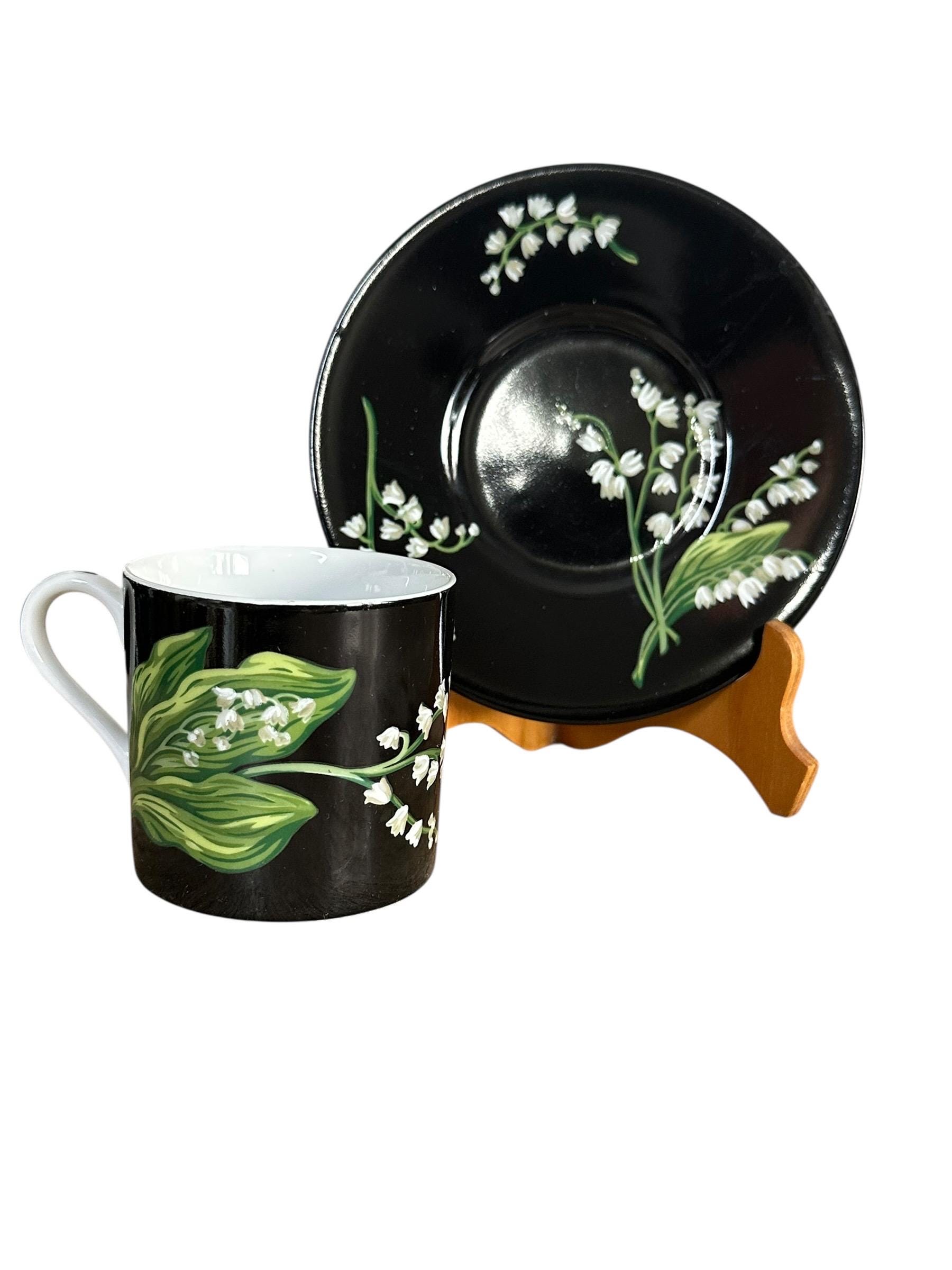 Tiffany & Co Mrs Delany Flowers Cup Saucer Black Porcelain Lily of