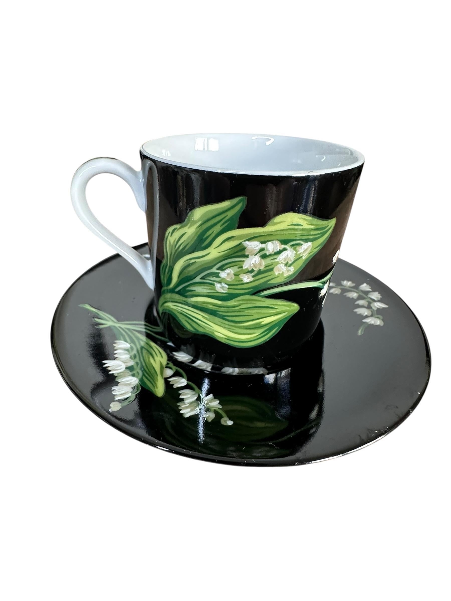 Tiffany & Co Mrs Delany Flowers Cup Saucer Black Porcelain Lily of