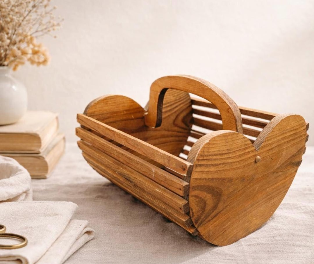 Heart Shaped Wooden Basket Slatted With Handle Primitive Wood