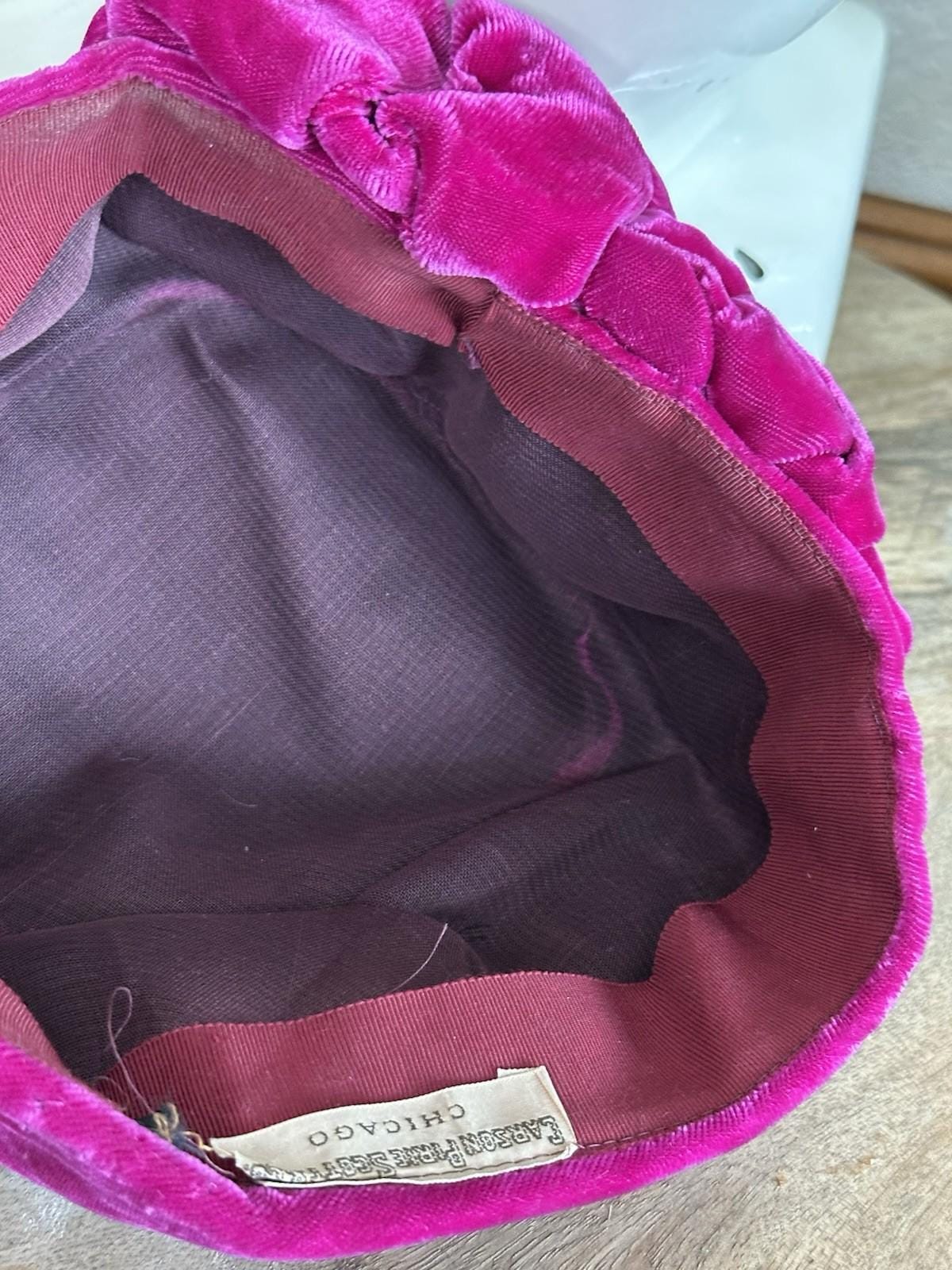 Vintage Carson Pirie Scott Hot Pink Velvet Ruffled Pillbox 