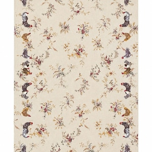 May include: A rectangular fabric textile featuring a repeating pattern of roosters and hens in shades of black, grey, and brown, interspersed with small floral bouquets in red, green, and gold, all set against a solid light beige background.