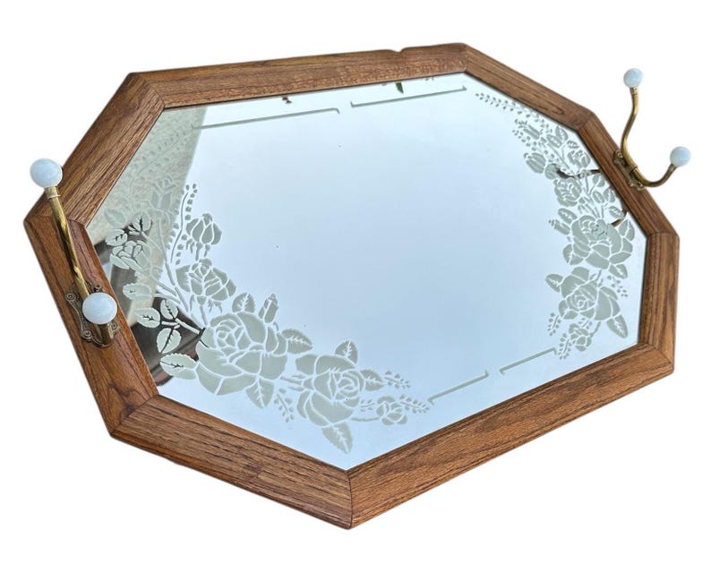Etched Rack Hexagonal Wood Framed Mirror Etched Roses Brass Hooks Cottage Coat Rack ...