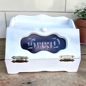 White Wooden Bread Box, Cottage Kitchen Countertop Storage, BreadBox With Glass Window