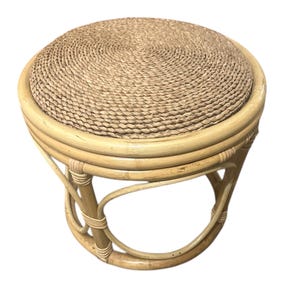 Vintage Rattan Foot Rest / Poufee / Stool / Stand With Jute Pillow Top Cushion