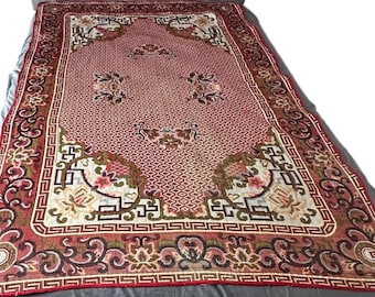 Antique American Jacquard Coverlet Rug Style Textile 1920s Greek Key Chinoiserie Throw