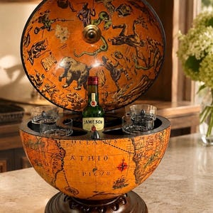 Può includere: Un mobile bar a forma di globo in stile vintage con un design a mappa arancione. La parte superiore si apre per rivelare una bottiglia di whisky Jameson e diversi bicchieri. Il globo poggia su una base in legno scuro.