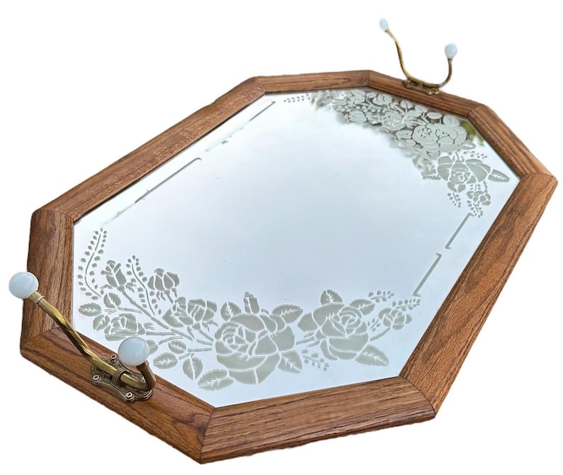 Etched Rack Hexagonal Wood Framed Mirror Etched Roses Brass Hooks Cottage Coat Rack ...