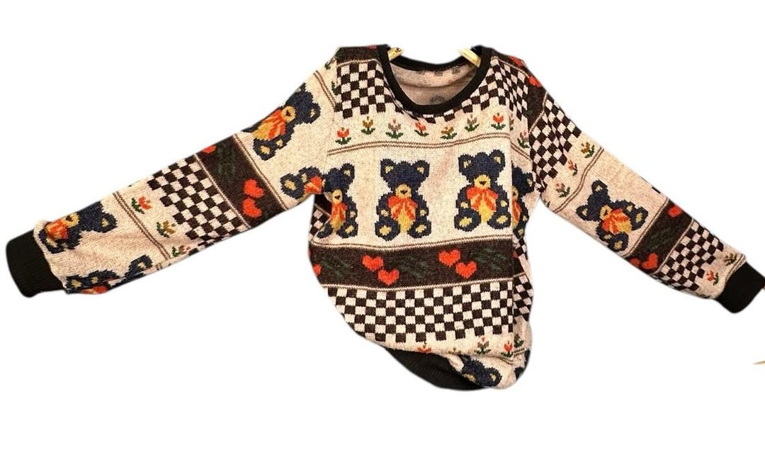 Vintage 90s Teddy Bear Checkered Heart Print Cozy Knit Sweater Brown ...